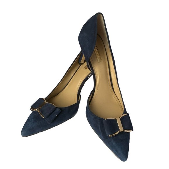 BCBGeneration Perryn Blue Gold Bow Open Side Heels Pumps Shoes Women's 10M - Picture 6 of 12